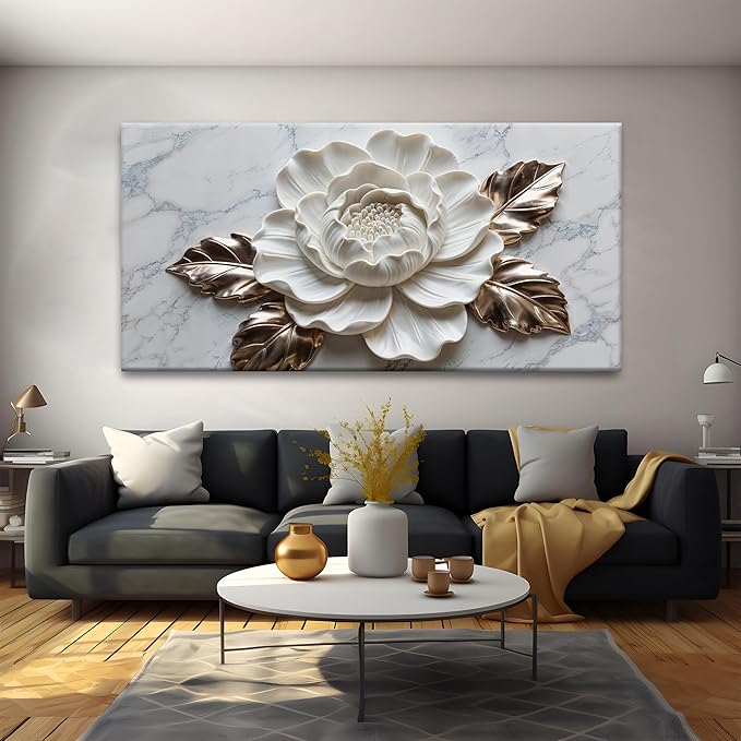 Suconvng Canvas Wall Art Living Room Home Wall Decor Modern White Flower Canvas Art Wall Decor 29 X 58 Inches Large Wall Art Elegant Marble Texture Picture For Bedroom Office Artwork