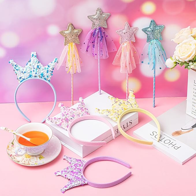 48 Pcs Princess Party Favors Including 24 Glitter Star Fairy Wands and 24 Sequin Princess Crown Headbands for Girls Birthday Party Gifts