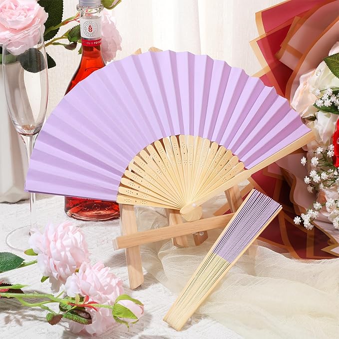 Yinkin 24 Pack Folding Fans Bamboo Handheld Folded Craft Hand Japanese Chinese Fans for Weddings Bridal Dancing Church DIY Decoration Women Gift Party Favors (Light Purple)