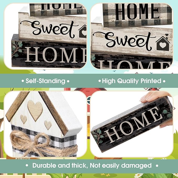 4 Pcs Farmhouse Wooden Tabletop Decor Sweet Home Tiered Tray Decor Rustic Retro Wood House Shaped Block Sign Housewarming Gifts Neutral Centerpiece Farmhouse Table Sign for Home Shelf Mantle