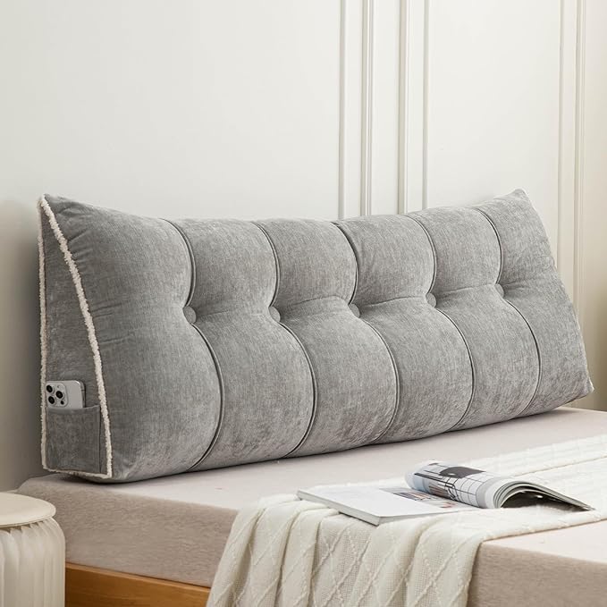 Headboard Pillow Twin, Chenille Triangular Wedge Pillow Headboard Twin Size, Reading Setting Backrest Daybed Pillows for Bed Sofa with Removable Coverr, Grey