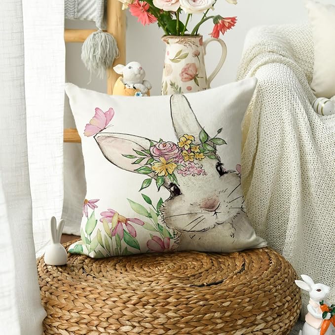 AVOIN colorlife Easter Floral Garland Bunny Throw Pillow Cover Set of 2, 12 x 20 and 18 x 18 Inch Spring Rabbit Holiday Cushion Case Decoration for Sofa Couch