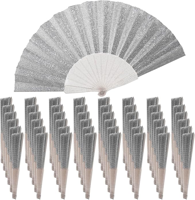 48 Pack Handheld Fan,Folding Hand Glitter fan with Shining Transparent Fan Rib – Ideal for Wedding, Church, Festival, Dance, Tea Party, Club, and EDM Accessories, Silvery