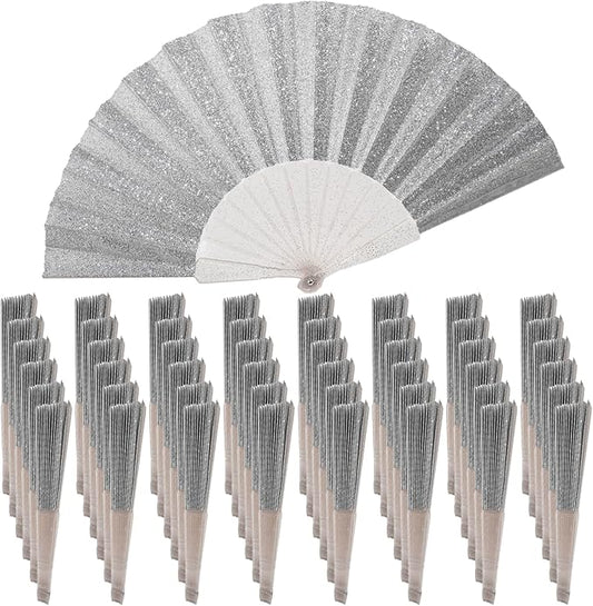 48 Pack Handheld Fan,Folding Hand Glitter fan with Shining Transparent Fan Rib – Ideal for Wedding, Church, Festival, Dance, Tea Party, Club, and EDM Accessories, Silvery
