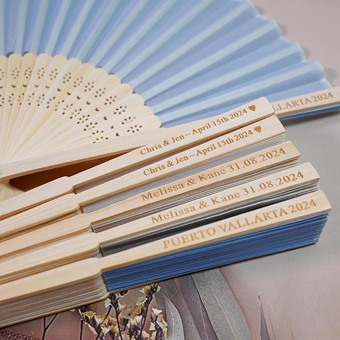 Personalized Engraved Silk Fans Folding Hand Fans with Organza Bags, 11Pcs Light Blue Summer Wedding Fans, Custom Imitated Silk-Bamboo Fans for Guests Wedding Party Favor Bridal Shower Gifts
