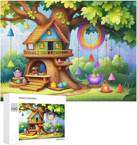 Wooden Puzzle - Fantastical Treehouse Escape Jigsaw Puzzles，Wooden Puzzles for Adults 500 Pieces Challenge Puzzles，Educational Games，Family Puzzles，Unique Gifts for Wall Art