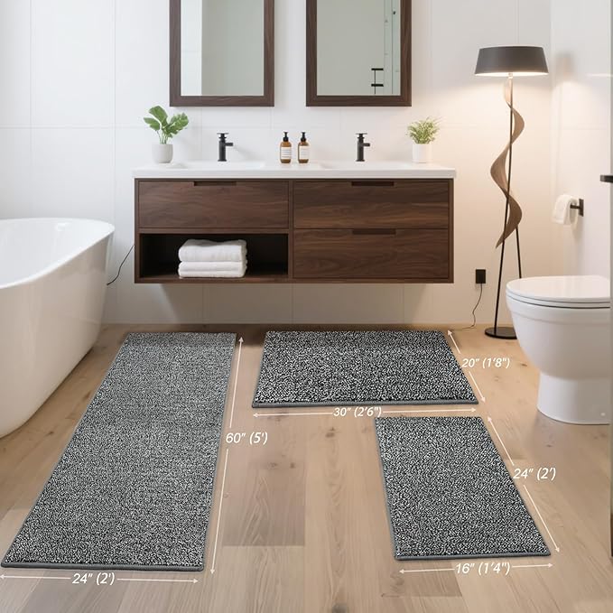 HDFK Bathroom Rugs | Non Slip Washable Bath Mats 30x20 Inches 2 Tone Chenille Medium Pile Floor Mat | Water Absorbent Grey and White Decor | Shower Rug for Shower Wet Dry Zone & Home