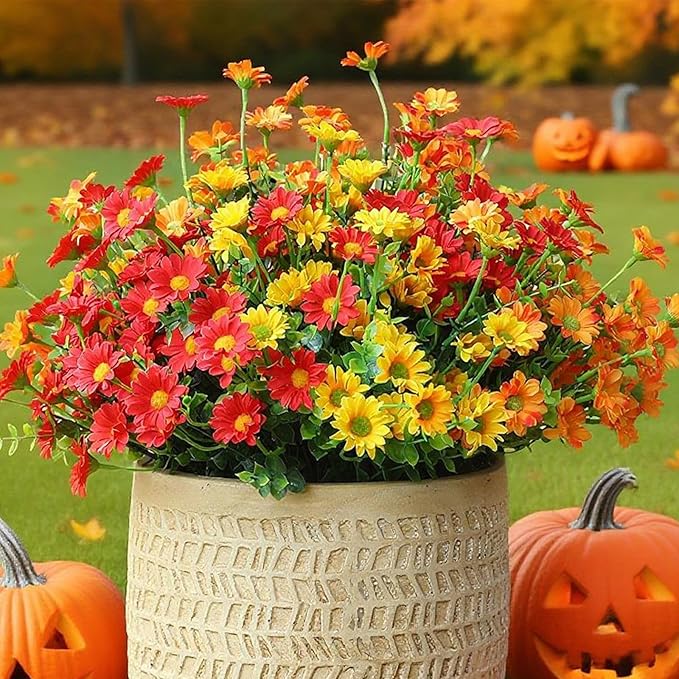 alyptus Faux Flowers Outdoor Artificial Flowers – 12 Bundles UV Resistant Artificial Outdoor Flowers for Spring Summer Christmas, Modern Farmhouse Decoration (Red 5, Orange 5, Yellow 2)