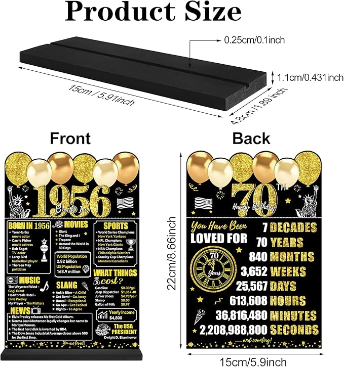 Black Gold 70th Birthday Decorations for Men Women, Two-Sided Vintage 70 Back in 1956 Theme Poster Wooden Table Sign with Stand, Seventy Years Old Bday Centerpieces Holder for Table Decor