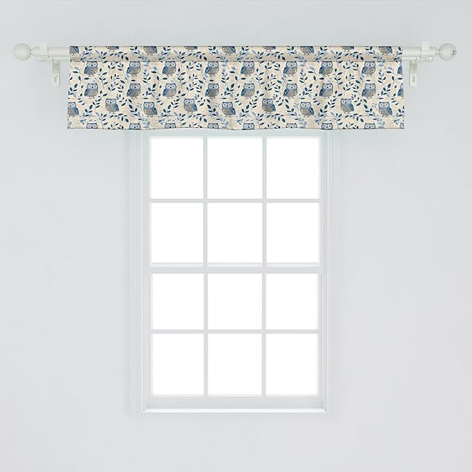 Ambesonne Owl Window Valance Pack of 2, Simple Design Classic Oriental Night Birds Pattern Leafy Ornaments Print, Rod Pocket Curtain Valances for Kitchen Bedroom, 54" X 12", Dark Night Blue and Beige