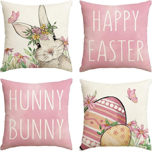 AVOIN colorlife Happy Easter Hunny Bunny Pink Throw Pillow Covers, 18 x 18 Inch Easter Eggs Bunny Spring Cushion Case for Sofa Couch Set of 4