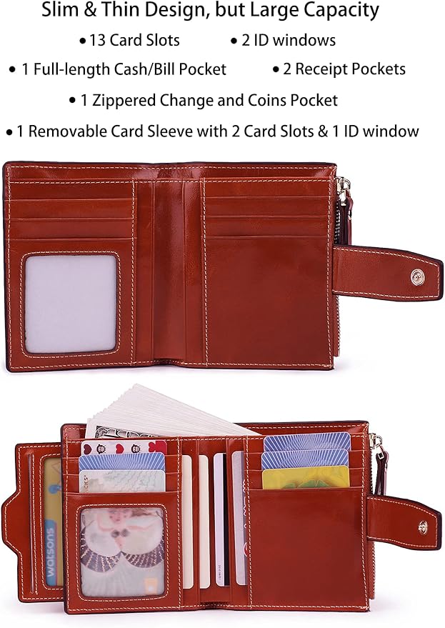 AINIMOER Women's RFID Blocking Leather Small Compact Bi-fold Zipper Pocket Wallet Card Case Purse with id Window