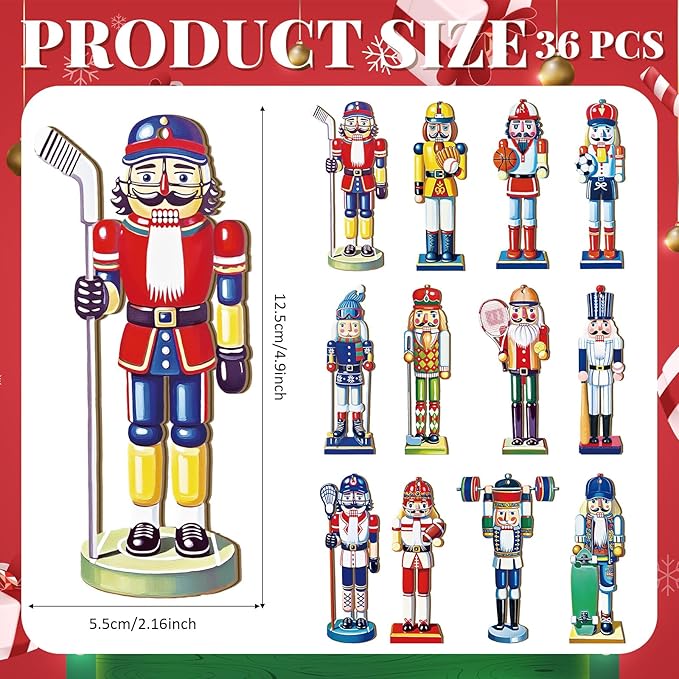 Yookeer 36 Pcs Sport Nutcracker Christmas Ornaments 4.9 Inch Hockey Ski Baseball Football Ball Xmas Wooden Ornaments with Rope Nutcracker Christmas Decorations for Xmas Tree Home Wreath Party Decor