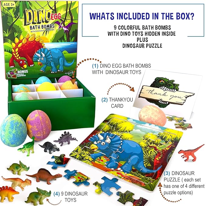Bath Bombs for Kids with Surprise Toys Inside Plus Dinosaur Puzzle - Set of 9 Organic Dino Egg Bath Bombs, Gentle and Kids Safe, Fizzy Balls with Rich Bubbles, Birthday Gifts for Boys, Girls