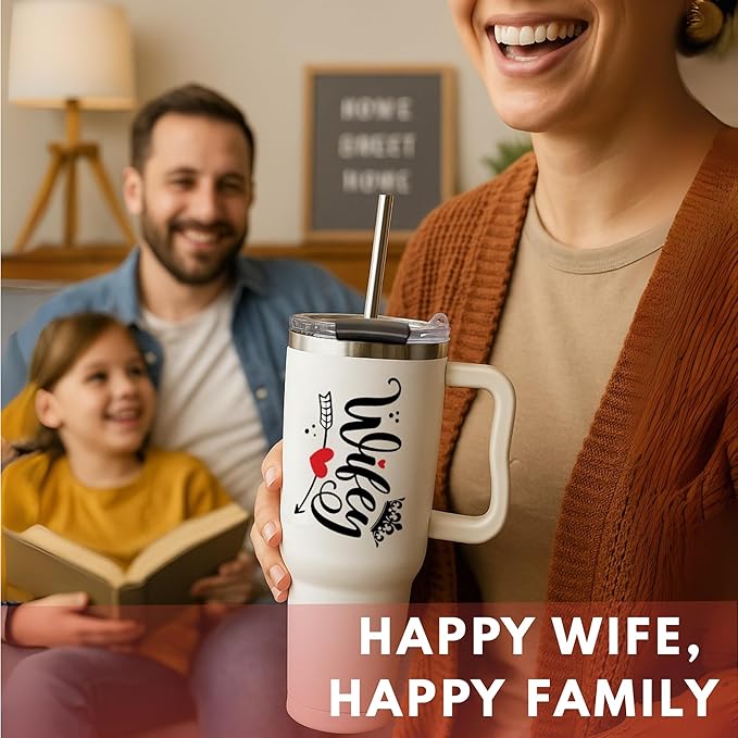 Christmas Gifts For Wife - Wife Tumbler 40Oz from Husband, Wifey Gifts on Birthday & Anniversary, Present Ideas for Wifey Her, Cool Wedding Coffee Cup with Straw and Handle, Drinking Mug for Women