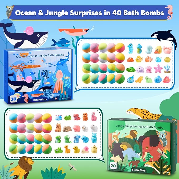 40 Kids Bath Bombs with Surprise Inside, Ocean & Jungle Animal Toys Gift Set with Natural Child-Safe Ingredients, Travel-Friendly Bath Bombs for Boys and Girls, Great for Birthdays, Christmas & Easter