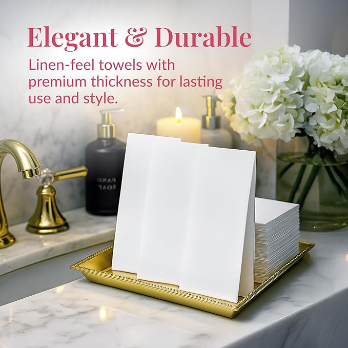 Prestee 100 Linen Feel Disposable Paper Towels - Hand Towels for Bathroom - Cloth-Like Napkins for Weddings, Events, and Dinners - Paper Napkins Ideal for Home, Office - White, 12 x 17 Inches