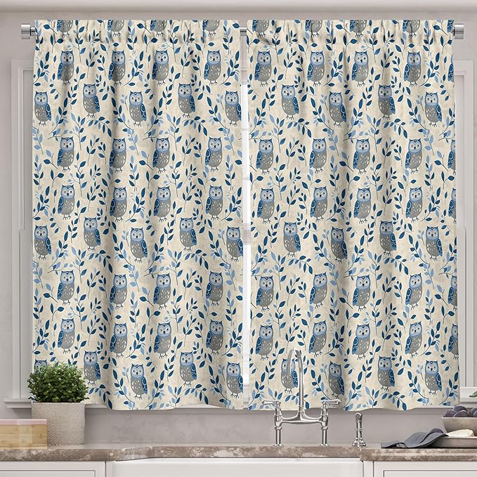 Ambesonne Owls Long Kitchen Curtains, Vintage Farmhouse Vibe Bluish Birds and Leaves on Shadowy Plain Background, 2 Panel Set Drapes with Rod Pocket Room Decor, 55" x 45", Dark Sky Blue Beige