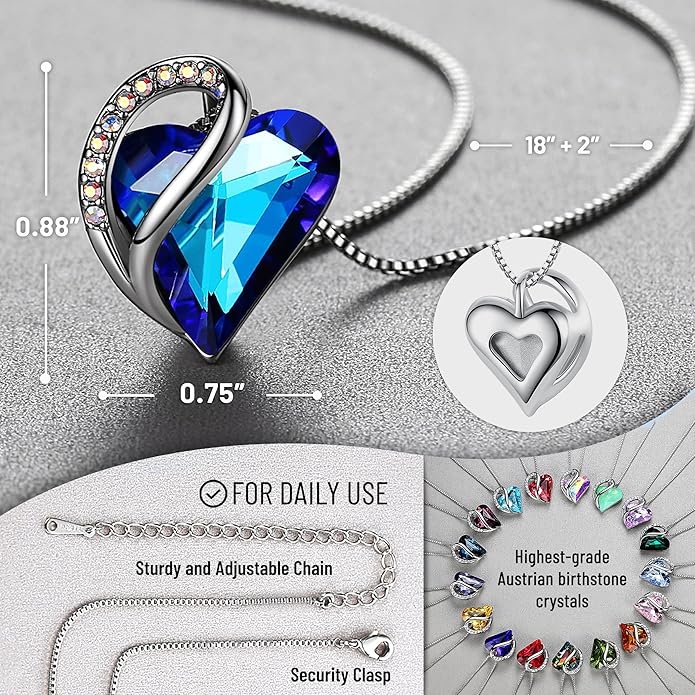Leafael Valentine's Day Gift Necklaces for Women, Infinity Love Birthstone Heart Crystal Pendant, Birthday Anniversary Jewelry for Wife, Mom, and Her, Silver Plated, 18" + 2" Adjustable Chain