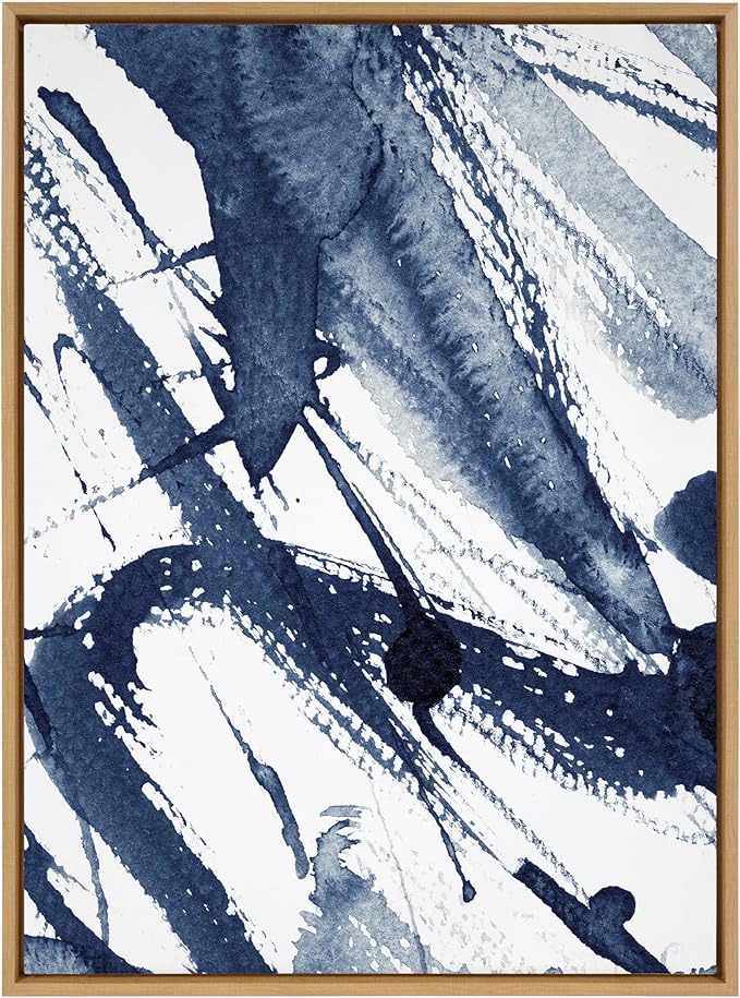 Kate and Laurel Sylvie Indigo Watercolor Framed Canvas Wall Art by Amy Peterson, 31.5x41.5 Natural, Modern Blue Abstract Art for Wall
