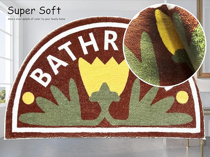 Washable Cute Bath Mat for Bathroom,31x20 Half Circle Non-Slip Small Bath Rugs,Absorbent Quick Dry Bath Mats, Plush Carpet for Bathtub, Boho Farmhouse Decor (Yellow Tulip)
