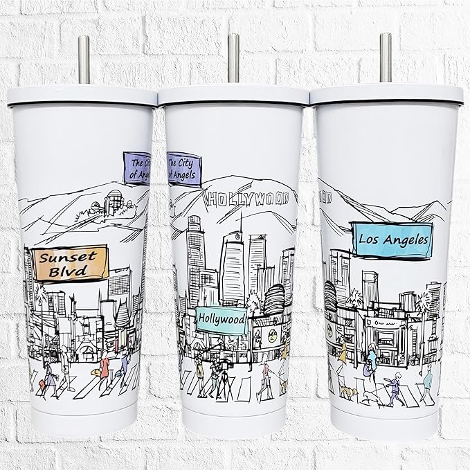 Cities Around the World 25 Oz Tumbler Series - Designed in the USA - Vacuum Insulated Tumbler with Lids & Straw - Stainless Steel Coffee Water Travel Mug, for Hot Cold Drink (Los Angeles)