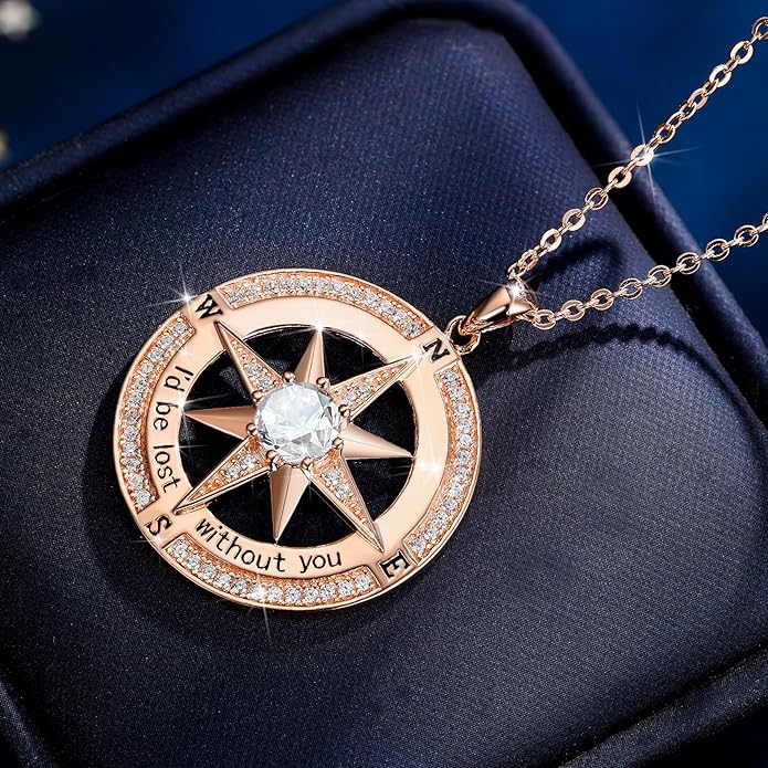 S925 Necklace Birthstone Compass Gift for Women Jewelry Sterling Silver Necklace for Wife Wedding Anniversary Girlfriend Birthday Gifts for Her Valentines Day Mom Mothers Day