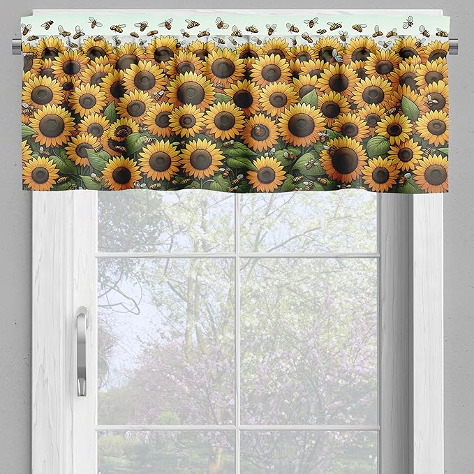 Ambesonne Summer Tones Valance & Tier Curtain 3 pcs Set, Cottagecore Sunflowers Scenario with Flying Bees and Modern Stripes, Window Treatments for Kitchen Room Decor, 55" x 45", Mustard Reseda Green