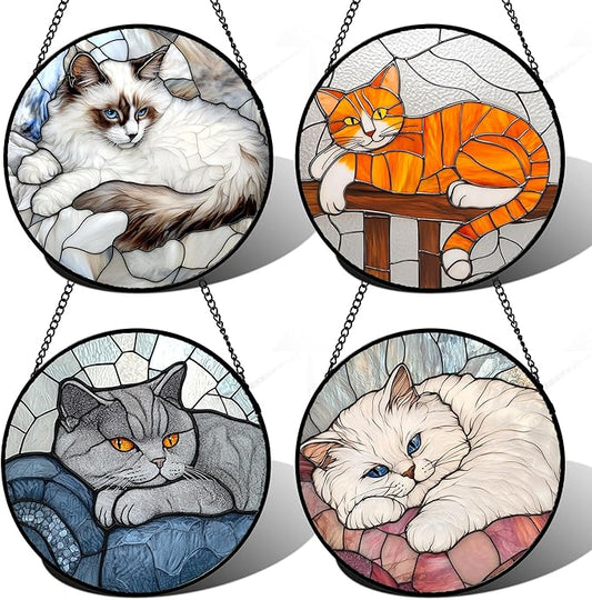 Stained Glass Window Hanging 4 Pcs Set Cute Cat 9.8" - Suncatcher Door Garden Sun Catcher Decor Birthday Mother's Day Christmas Comfort Gifts for Lost Pet Woman Nana Mom Men Friend