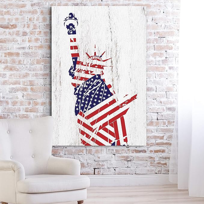 Renditions Gallery Canvas Patriotic Wall Art Paintings & Prints Flag Draped Liberty Statue Rustic Nationalistic Pride Canvas Wall Hanging Artwork for Bedroom Office Kitchen - 30"x40" LT25