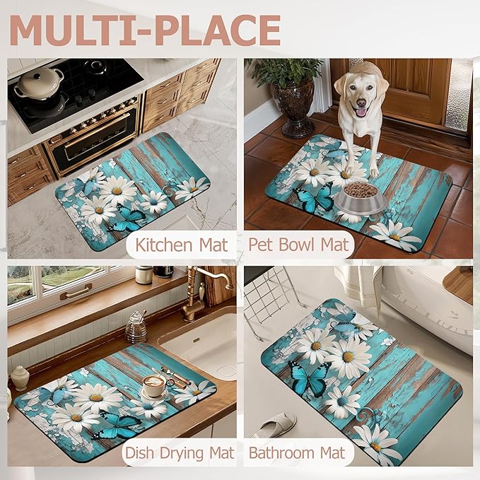 Diatomaceous Earth Bath Mat,White Daisy Bath Rugs,Vintage Wood Non-Slip Thin Absorbent Fast Drying Easy to Clean for Bathroom Laundry Home Kitchen Door Mat 17x29.5Inch