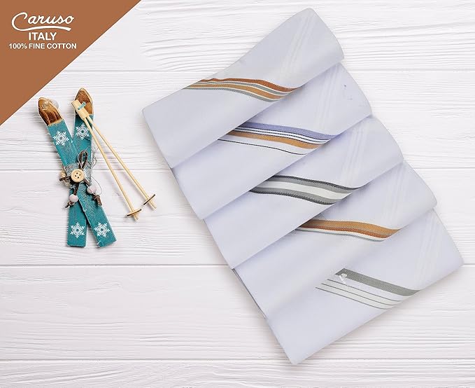 Caruso Italy Men's Premium 100% Pure Cotton Handkerchief Colored Border - (46x46 cm)