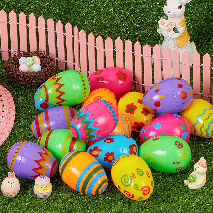 JOYIN Toy 24 PCs Plastic Printed Bright Easter Eggs, Over 3.15'' Tall Fillable Empty Eggs Bulks for Easter Hunt, Basket Stuffers Fillers, Classroom Prize Supplies, Filling Treats and Party Favor