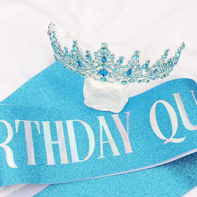 COCIDE Blue Birthday Sash and Crown for Women - Crystal Tiaras Decorations for Girl,Glitter Rhinestone Gifts Headband Sashes Decor,Coronas for Queen,Happy Birthday Accessories Party Favors