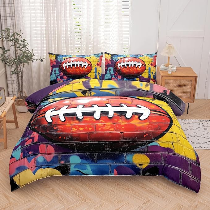Helloosun 5PCS Football Comforter Set Twin,Sports Bedding Sets for Boys,Twin Comforter Sets for Boys,Football Bedding Set with Sheets