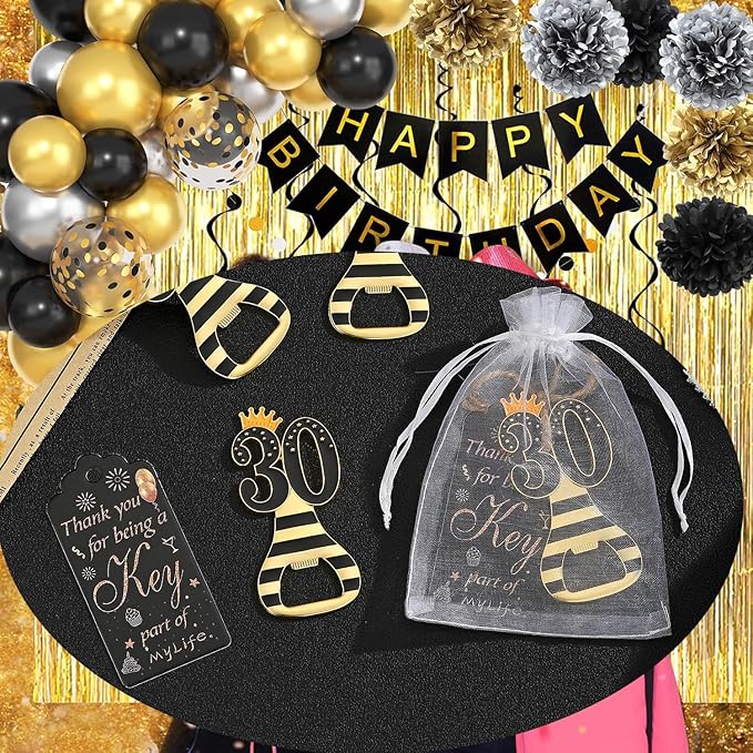 24pcs 30th Gold Keychain Bottle Opener 30th Birthday Party Favors, Keychain Beer Bottle Opener Favors 30 Anniversary Souvenirs Return Gifts for Guests Party Decor Supplies (black 30)