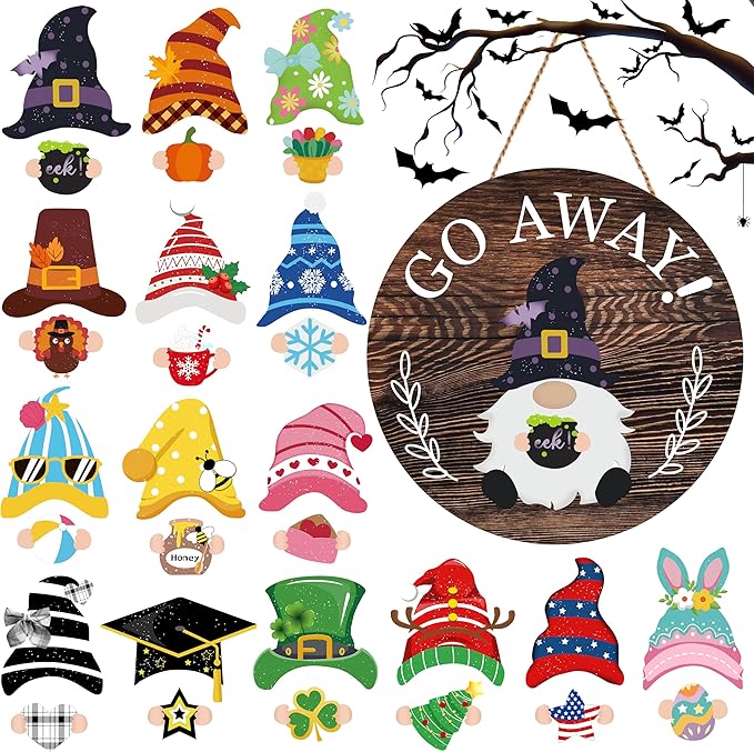 Easter Seasonal Gnome Wall Decor Set, 11.8 inch Wooden Round Sign with Interchangeable Holiday Hats, Go Away Door Hanging (Attractive)