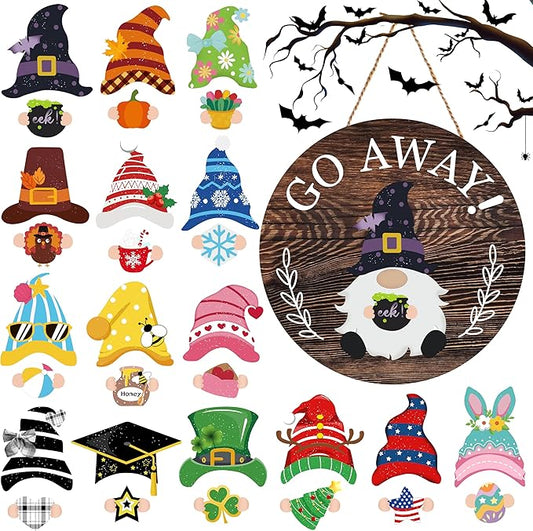 Easter Seasonal Gnome Wall Decor Set, 11.8 inch Wooden Round Sign with Interchangeable Holiday Hats, Go Away Door Hanging (Attractive)