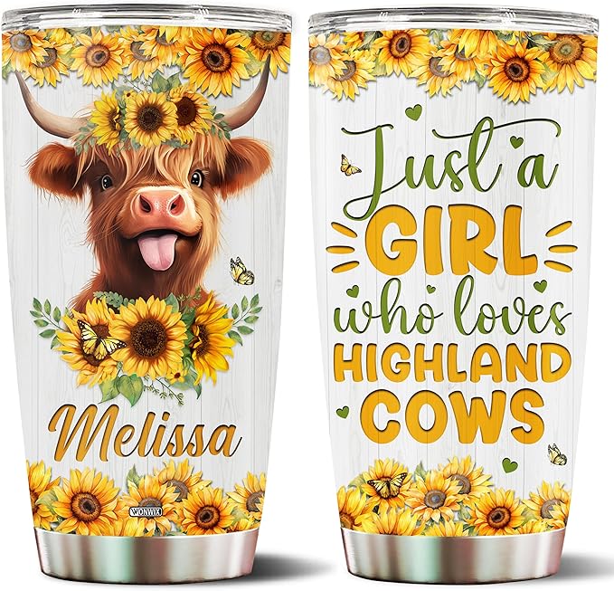 Personalized Cow Gifts for Women Stainless Steel Tumbler 20oz With Lid Just A Girl Who Loves Highland Cows Travel Cup Coffee Mug Gift for Her Daughter Girls Kids