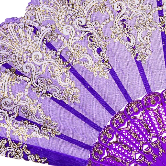 QIRMIZI 10 Pack Folding Handheld Fans,Silk Spanish Fan, Perfect for Weddings, Parties, and Dancing,Purple