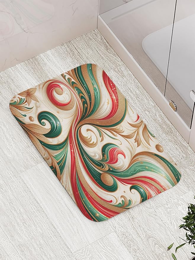 Lunarable Christmas Bath Mat, Modern Marble Print with Curlicue Leaves and Floral Abstract Boho Xmas, Plush Bathroom Decor Mat with Non Slip Backing, 30.2" x 20", Green Dark Pink Beige
