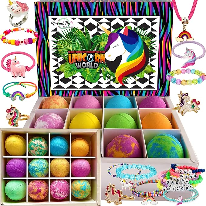 Unicorn Bath Bombs for Girls with Jewelry Inside - Organic Bath Bombs for Kids with Surprise, Natural, Skin Moisturizing BathBombs, Rainbow Bubble Bath. Stocking Stuffers Christmas Gifts for Girls