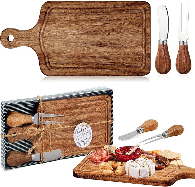 1 Set Bridal Baby Shower Cheese Prizes Wooden Square Board Gift Set Knives Forks Thank You Tags with Box for Guests for Valentines Bridal Baby Shower Housewarming Gifts (Acacia Color)