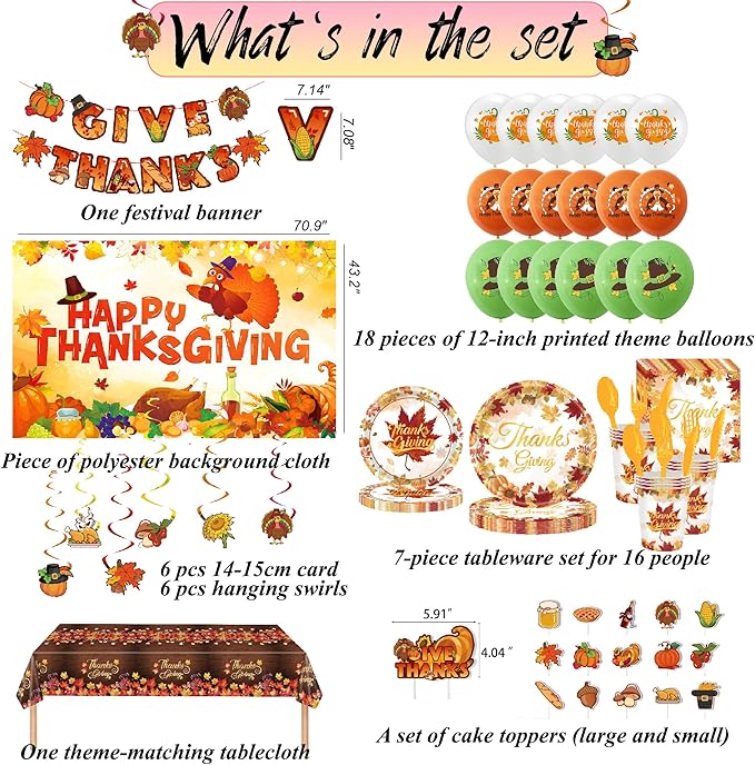Thanksgiving Themed Party Decorations, Give Thanks Banner, Turkey Maple Leaf Backdrop And Tablecloth, Cake Topper, Latex Balloons, Hanging Swirls, Tableware Set for Party Supplies (Thanksgiving)