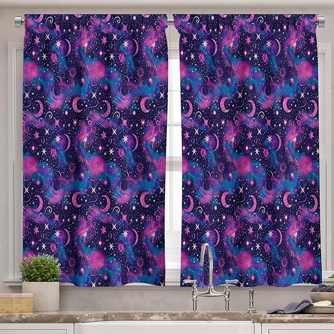 Ambesonne Mystical Valance & Tier Curtain 3 pcs Set, Trippy Magic Whimsical Starry Night with Moon Sun and Planets Print, Window Treatments for Kitchen Room Decor, 55" x 24", Dark Night Blue Fuchsia