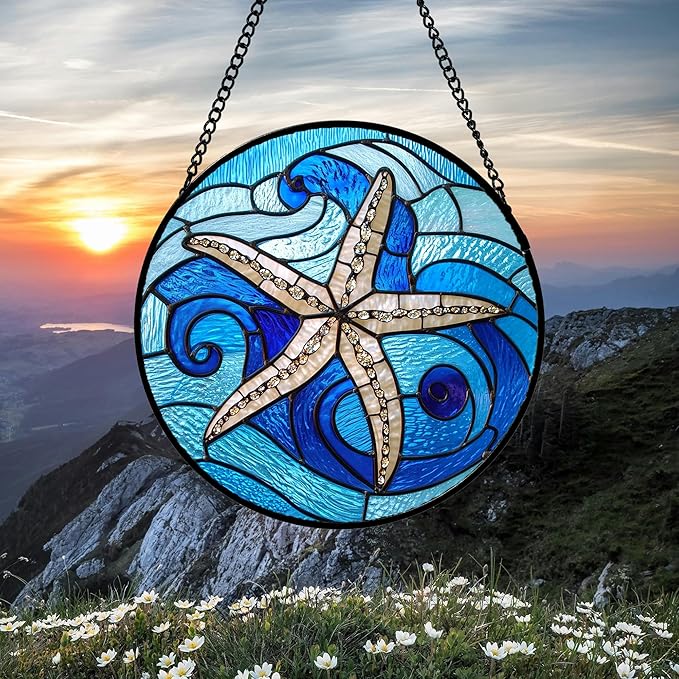 Stained Glass Window Hanging 4 Pcs Set Blue Ocean Waves Large 15" - Starfish Crab Seal Suncatcher Door Garden Sun Catcher Decor Birthday for Mom Woman Nana Men Friend