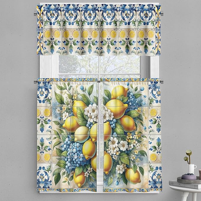 Ambesonne Mediterranean Valance & Tier Curtain 3 pcs Set, Lemons Classic Mosaic Motifs Traditional Italian Portuguese Summer, Window Treatments for Kitchen Room Decor, 55" x 30", Blue Yellow and Green