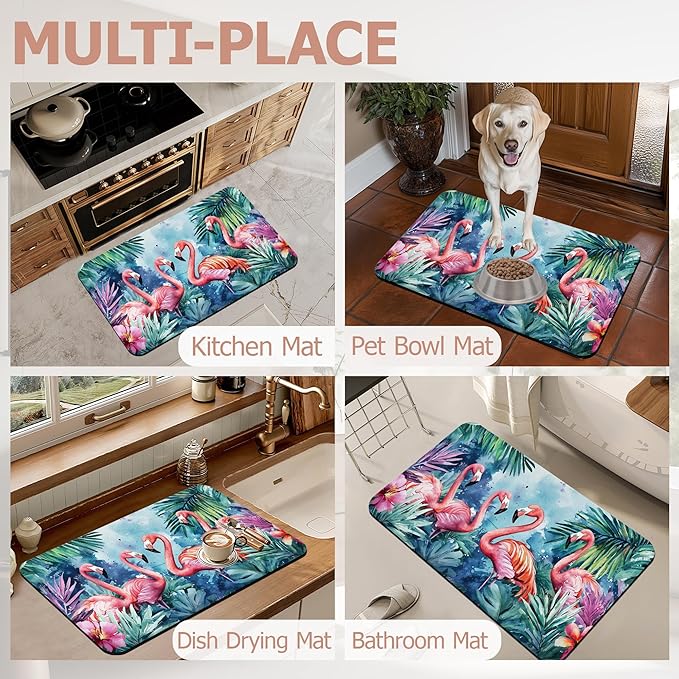 Bath Mat,Flamingo Tropical Bathroom Rugs,Quick-Drying Non-Slip Rubber Bath Mats Exotic Leaves Flower Absorbent Diatomaceous Earth Mat for Bathroom Home Decor 17"x29.5"