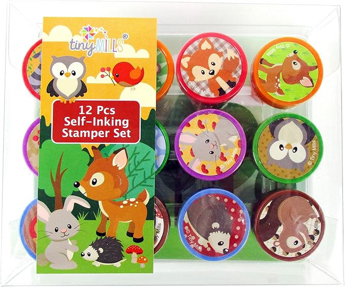 TINYMILLS 12 Pcs Woodland Animals Critters Stamp Kit for Kids Self Inking Stamps Gift Baby Shower Party Favors
