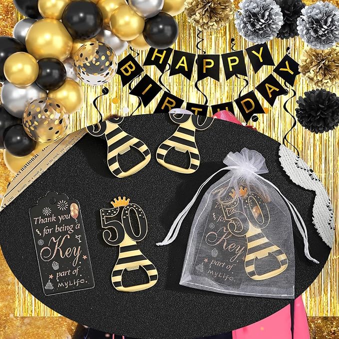 24pcs 50th Gold Keychain Bottle Opener 50th Birthday Party Favors, 50 Keychain Beer Bottle Opener Favors Anniversary Souvenirs Return Gifts for Guests Party Decor Supplies (black 50)